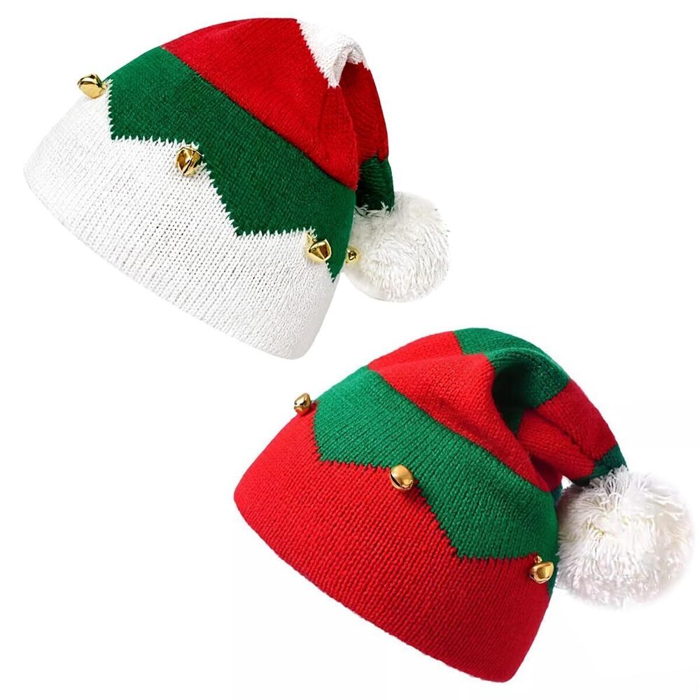 9309 Christmas Hat Knitted Elf Xmas Stripe Hat with Bell 2 pcs Thicken